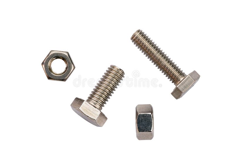 Top View of Stainless Steel Screws and Nuts Isolated on White