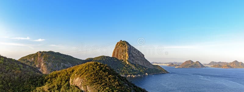 Top view of the Sugar Loaf hill, Guanabara bay, sea and hills