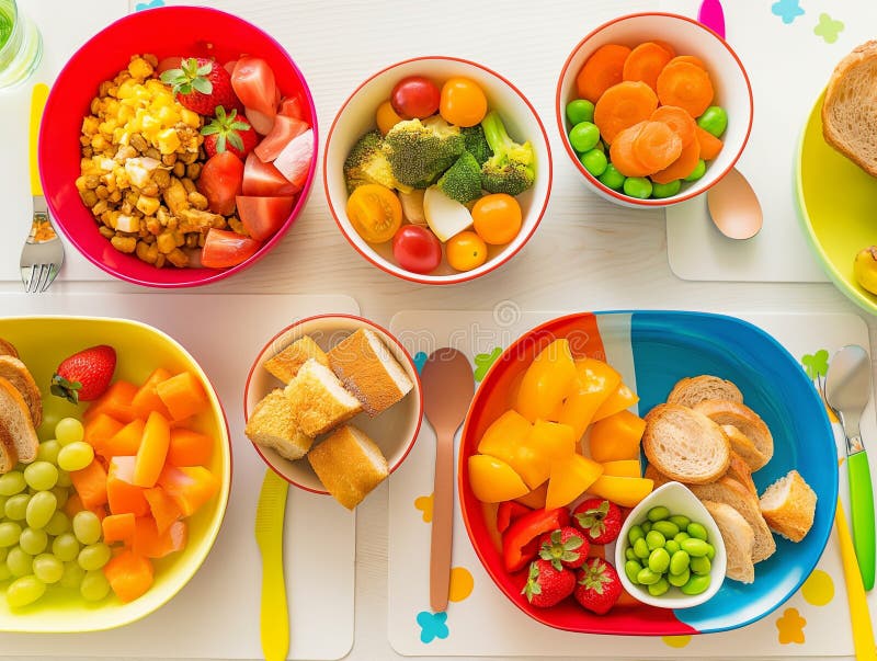 Top View of a Table with Dishes for Children, Healthy Nutrition for a