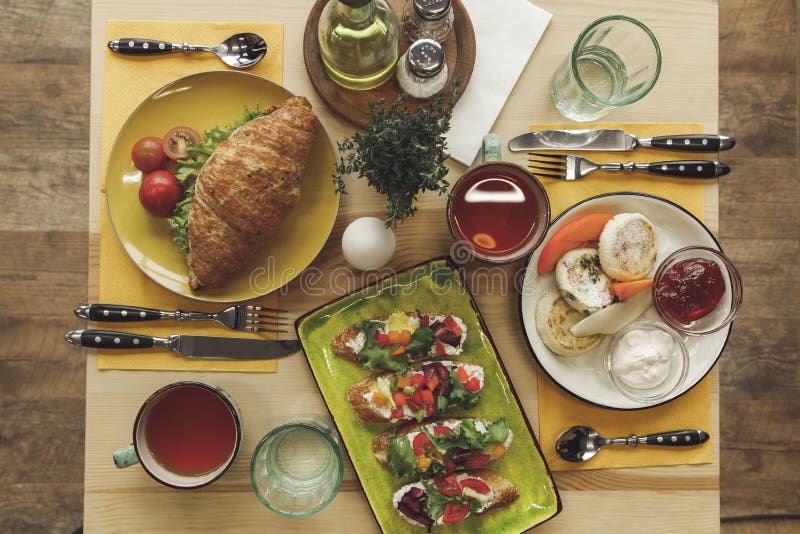 top view of tasty healthy breakfast served stock photography