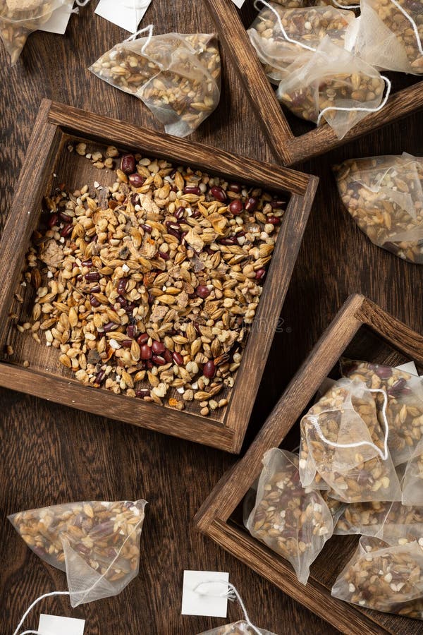 Tea Bags of Red Bean and Barley Tea at Vertical Composition Stock Image