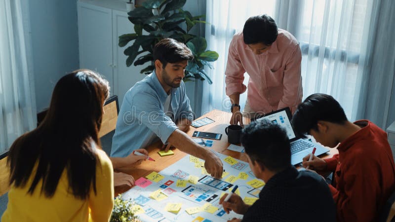 Top view of professional business team brainstorming and sharing idea by using mind map. Diverse people planning marketing strategy or designing Ux Ui design for mobile phone at meeting. Convocation. Design mind map stock images, royalty-free photos and pictures