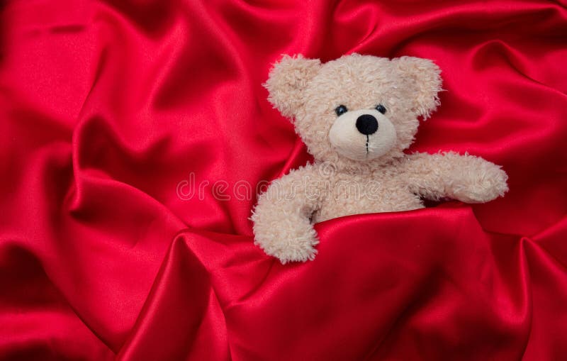 Top view of teddy bear on red silk background