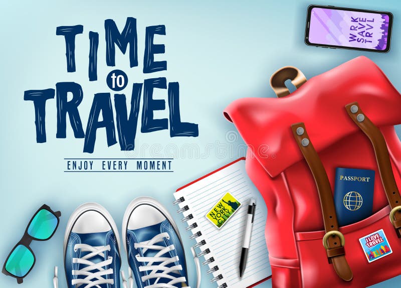 Top View Time to Travel 3D Realistic Banner with Travel Items Such as Red Backpack, Sunglasses, Mobile Phone stock illustration Top View Time to Travel 3D Realistic Banner with Travel Items Such as Red Backpack, Sunglasses, Mobile Phone stock illustration