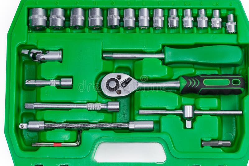 Top view of tools set in the plastic toolbox