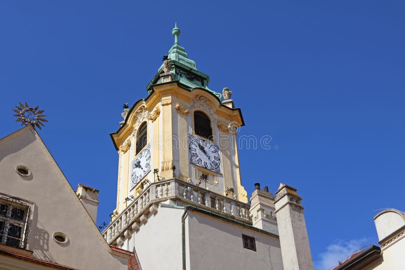 Top view of tower of old town hall building in Bratislava old town, Slovakia