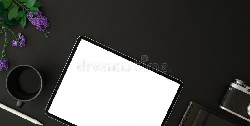 Top View Of Trendy Photographer Workplace With Blank Screen Tablet And