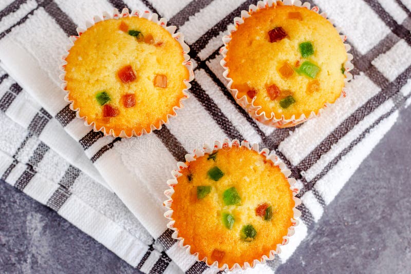 Top View Tutti Frutti Muffins on a White Kitchen Towel, Festive Food ...