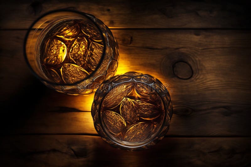 Top View of Two Glasses of Alcohol Standing on a Wooden Table