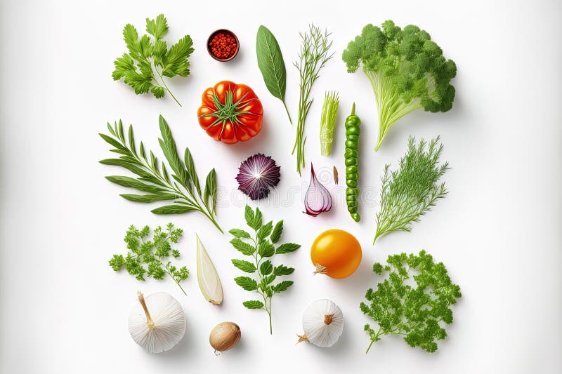 Top view of various fresh vegetables and herbs isolated on white stock illustration