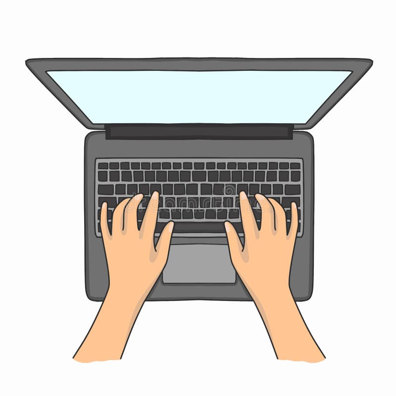 Top view vector illustration of hands typing on laptop. Hand drawn flat design remote work concept stock illustration
