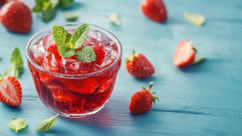 Refreshing Strawberry Mint Drink on Blue Wooden Background stock illustration