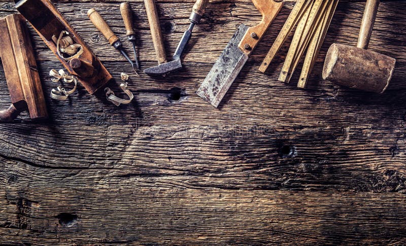 Top of view vintage carpenter tools in a carpentry workshop royalty free stock photography