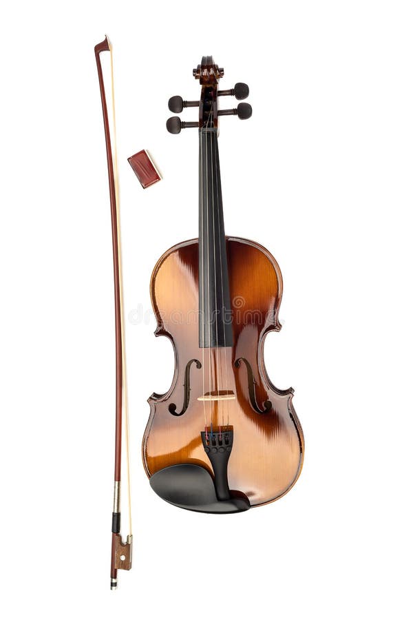 Top View of a Violin, Bow and Rosin on a White Background. Stock Image