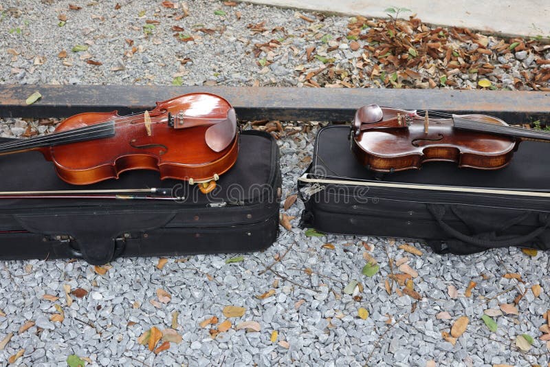 Top View Violin and Viola Instruments Placed on Black Box Orchestra Instrument Concept Stock