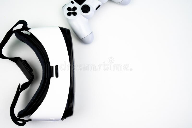 Top view of a virtual reality headset with a game controller on a white background