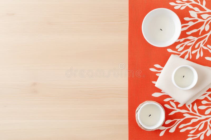 Top view of white candles and decor placed on a coral-patterned table runner with an elegant, serene vibe. royalty free stock photography