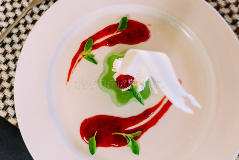 Top View of a White Plate with Decorated Sauces. Stock Photo Image of