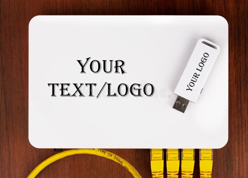 Top view on the wifi home router with 4 UTP RJ-45 patch cords and USB wifi device. stock images