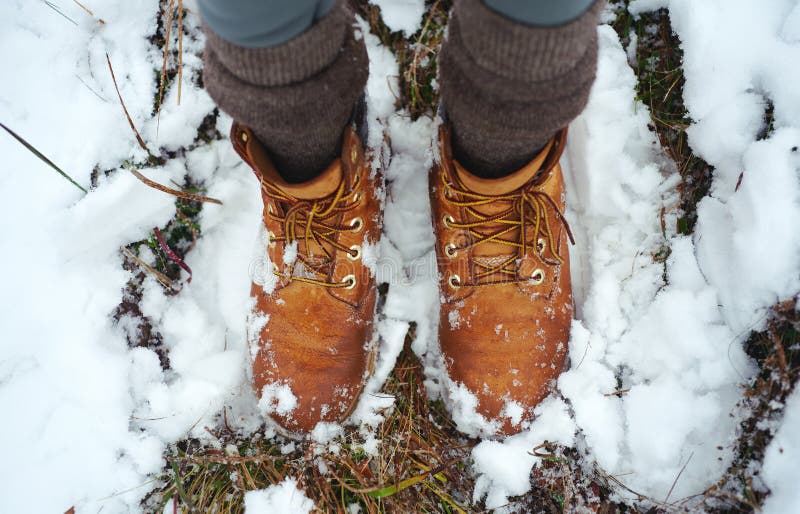 Top View Woman Legs in Hiking Leather Boots on Covered Snow Forest ...