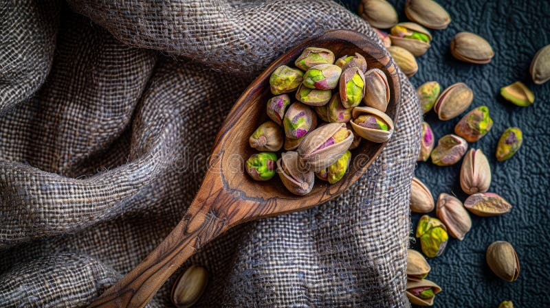 Top view of wooden spoon filled with pistachios on rustic fabric royalty free stock image
