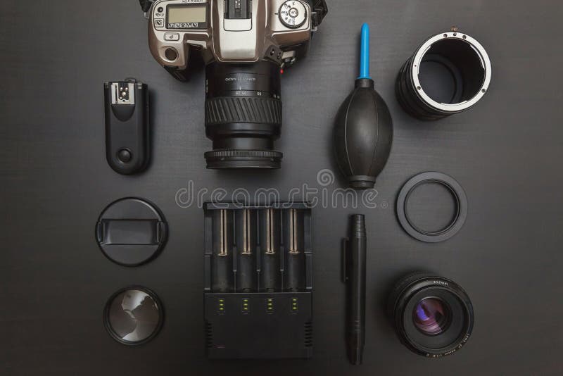 Top View of Work Space Photographer on Black Table Background Stock Photo -  Image of dslr, editing: 105633786
