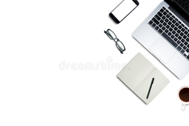 \'Top view, Working desk, computer, laptop, smart phone, coffee, mug, glasses and notebooks on white background with copyspace for stock images