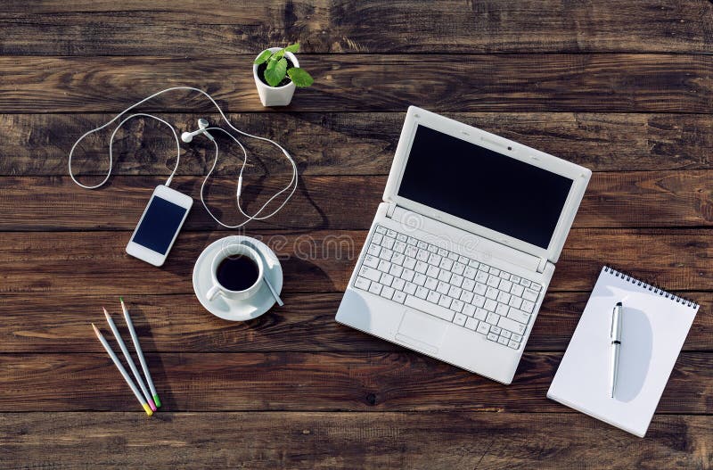Top view of working Place on natural wooden Table stock photos Top view of working Place on natural wooden Table stock photos