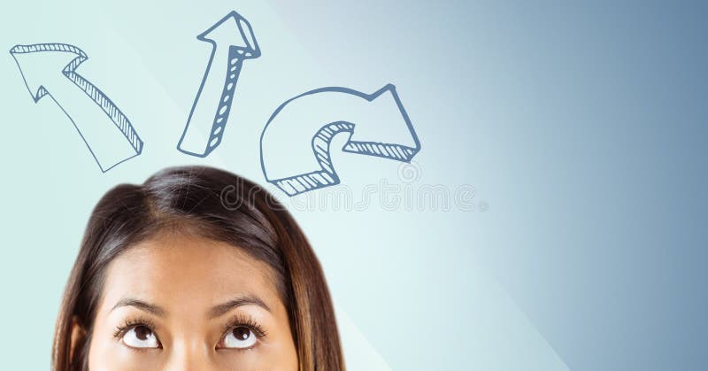 Top of woman's head looking up at upward arrows against blue background royalty free illustration Top of woman's head looking up at upward arrows against blue background royalty free illustration