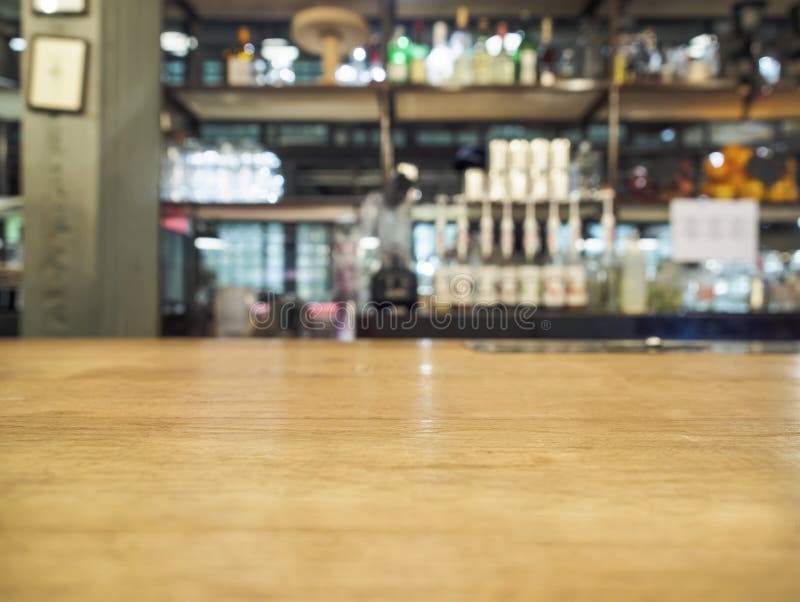 Top of wooden counter with Bar Blurred Background royalty free stock image