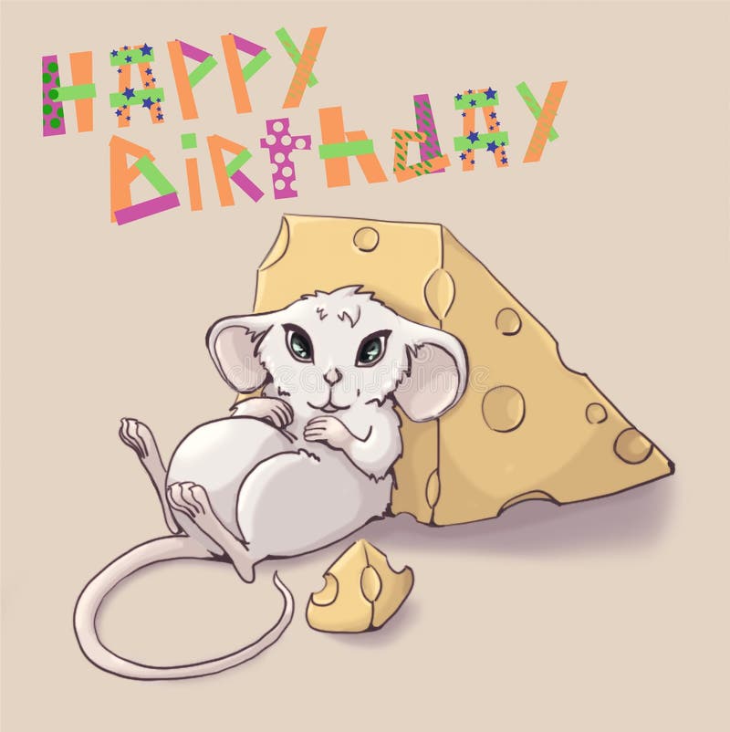 Topo sveglio alimentato su con formaggio Compleanno della cartolina d'auguri buon “ illustrazione vettoriale Topo sveglio alimentato su con formaggio Compleanno della cartolina d'auguri buon “ illustrazione vettoriale