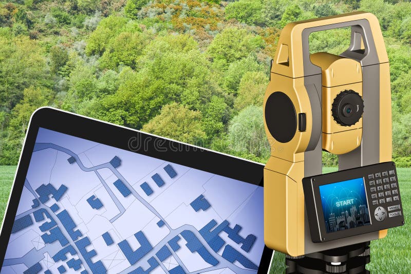 Topographic survey of a building lot - concept with an imaginary cadastral map with land parcel royalty free stock photo