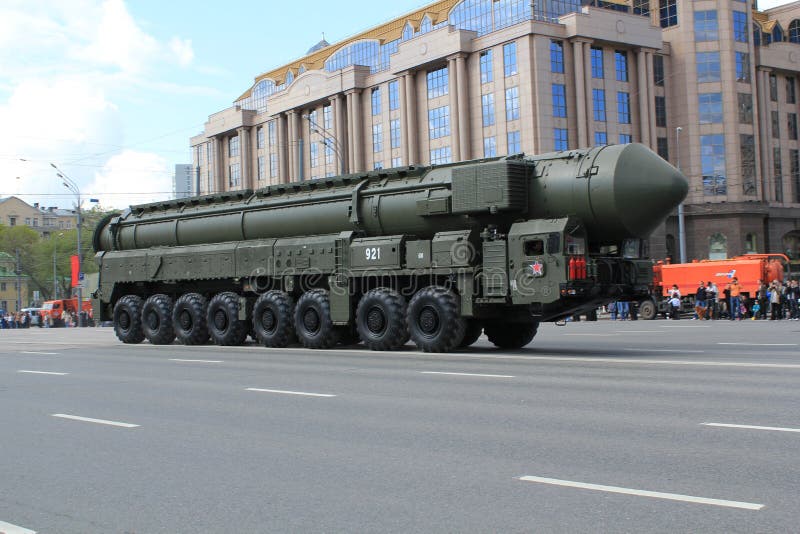 The military parade in Moscow streets armored equipment Launcher Intercontinental ballistic missile Topol-M. The military parade in Moscow streets armored equipment Launcher Intercontinental ballistic missile Topol-M