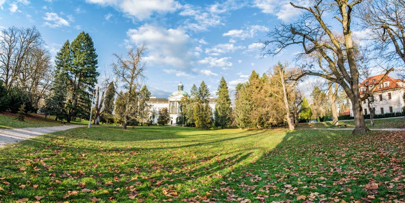 Topolcianky castle with park in autumn, Slovakia, panoramic photo