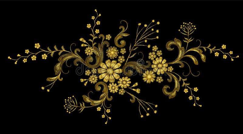 Toppa realistica di modo del ricamo di vettore del filo dorato La margherita rosa del fiore lascia la progettazione vittoriana d' illustrazione di stock Toppa realistica di modo del ricamo di vettore del filo dorato La margherita rosa del fiore lascia la progettazione vittoriana d' illustrazione di stock