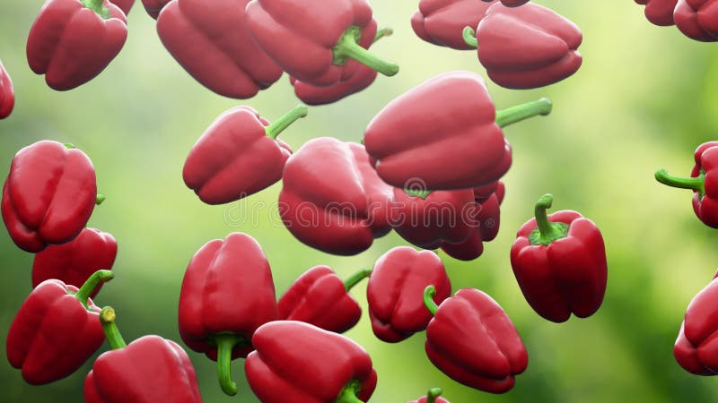 Toppen ultrarapid: fallande r? d peppar mot gr? n bakgrund r 3d royaltyfri illustrationer