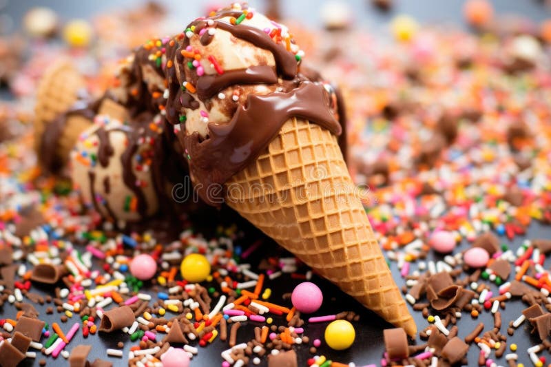 Toppings scattered around a chocolate coated ice cream cone vector illustration