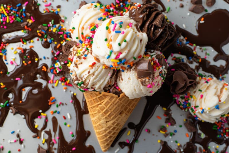 Toppings scattered around a chocolate coated ice cream cone stock photos