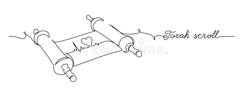 Torah scroll and heart. One continuous line drawing illustration of jewish Torah scroll stock illustration