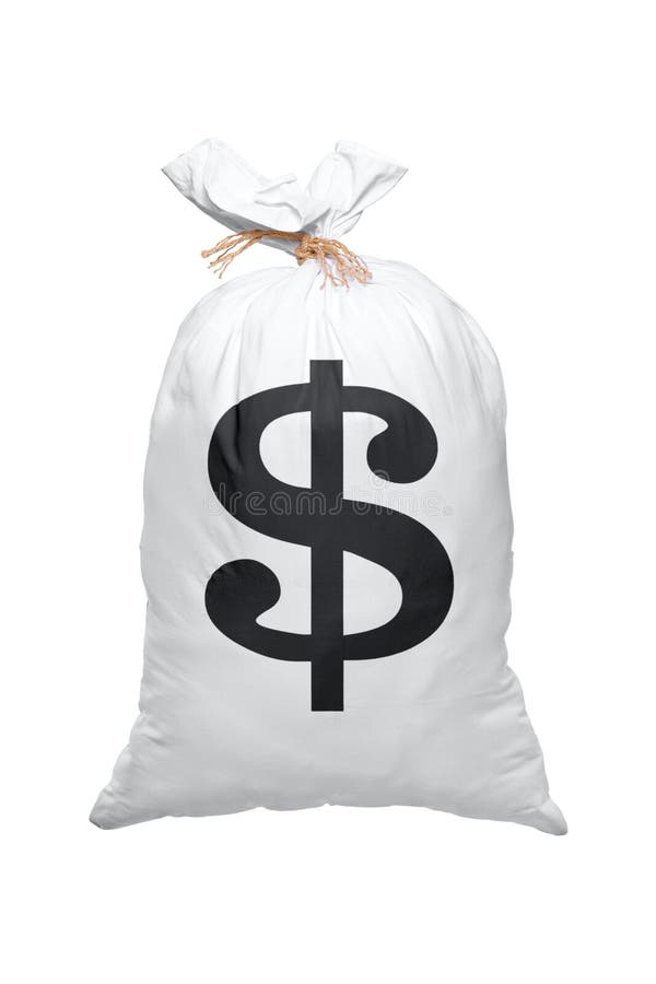A view of a full bag with US dollar sign isolated on white background. A view of a full bag with US dollar sign isolated on white background