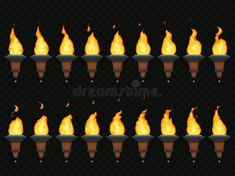 Torch fire animation. Burning cresset, flames on torches and flambeau animated loop sequence isolated vector set vector illustration Torch fire animation. Burning cresset, flames on torches and flambeau animated loop sequence isolated vector set vector illustration