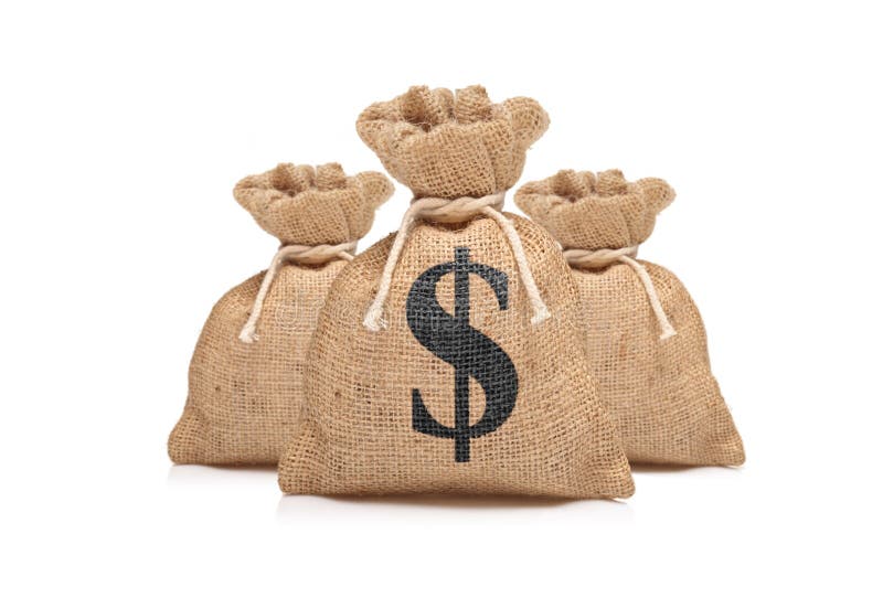 A view of three money bags with US dollar sign against white background. A view of three money bags with US dollar sign against white background