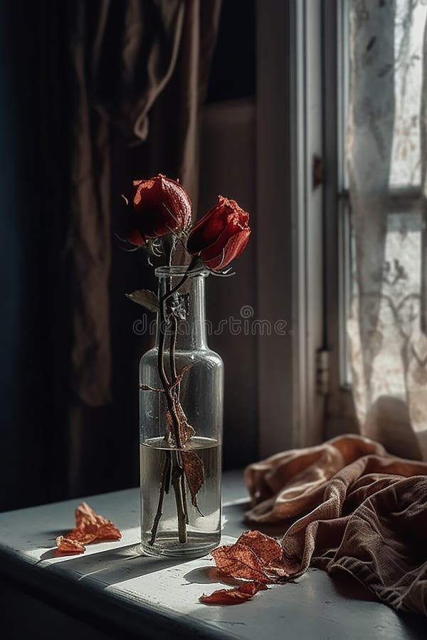 Dried roses in a vase. Relationship problems, disappointment, depression, loneliness. Dried roses in a vase. Relationship problems, disappointment, depression, loneliness