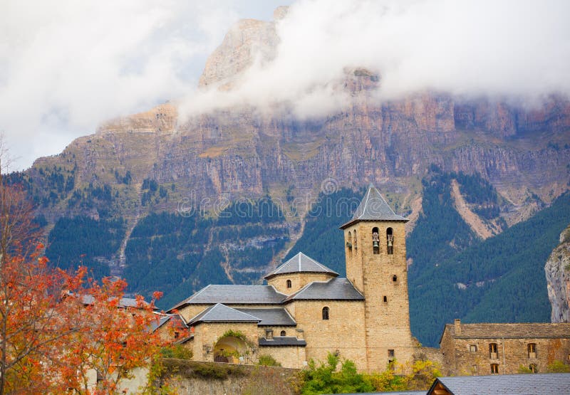 Torla Church in Pyrenees Ordesa Valley at Aragon Huesca Spain royalty free stock images Torla Church in Pyrenees Ordesa Valley at Aragon Huesca Spain royalty free stock images