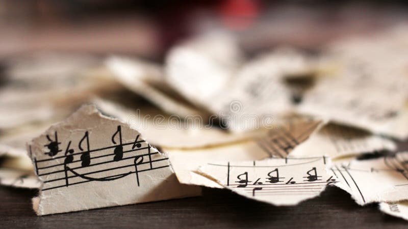 April 20, 2019. Izhevsk, Russia. Torn musical notes, pieces of paper stock photos