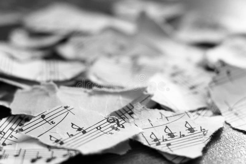 April 20, 2019. Izhevsk, Russia. Torn musical notes, pieces of paper stock photography