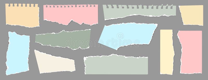 Torn note paper. Notebook sheets with ripped edges, blank color torn paper pieces for scrapbook collage. Templates for royalty free illustration