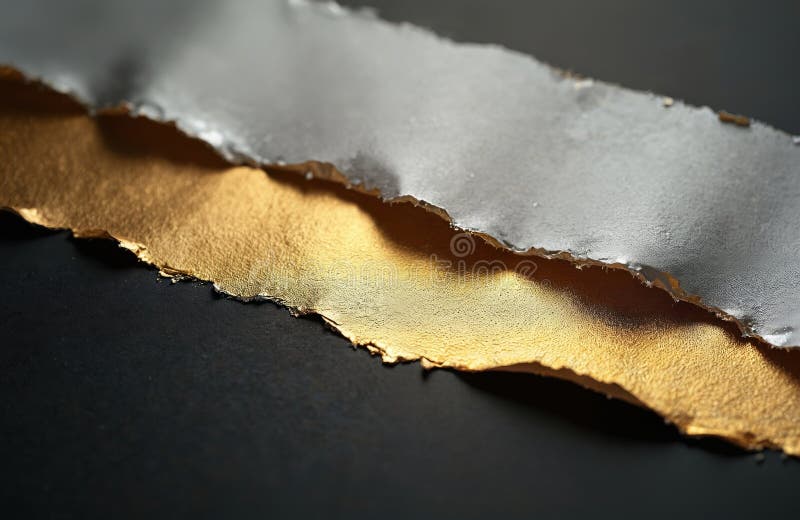 Torn paper edges show gold silver colors on dark background. Ripped sheets, rough texture. Abstract design element for creative vector illustration