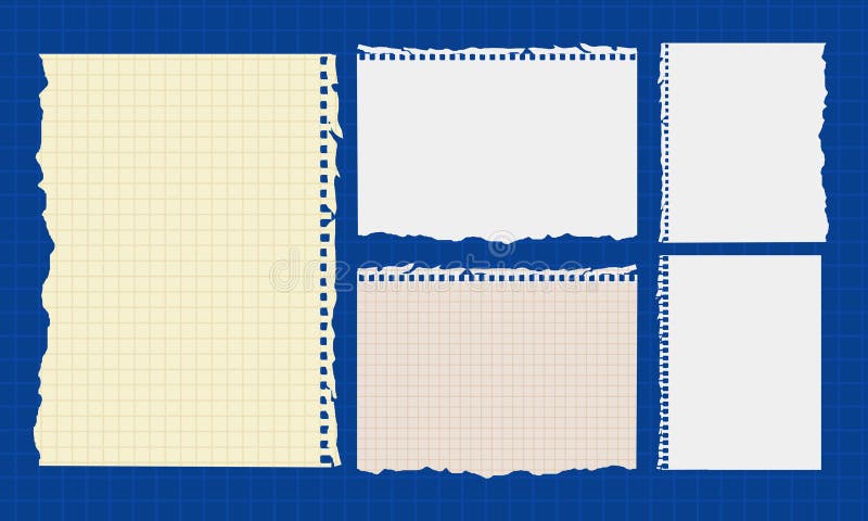 Torn paper note set on blue grid backdrop for scrapbooking and labels vector illustration
