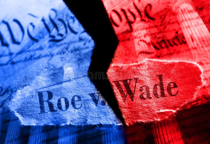 Torn red and blue Roe V Wade newspaper headline on the United States Constitution and Supreme Court